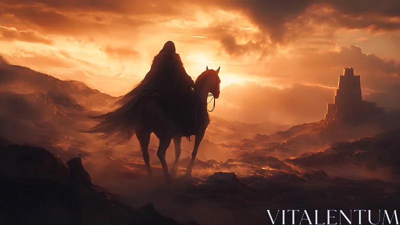 Shrouded rider drifts toward a lone citadel of molten dusk