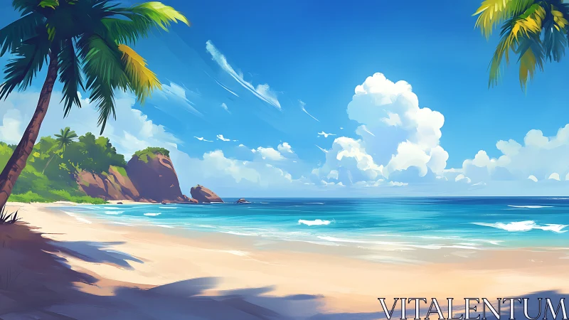 Tropical Beach Paradise with Palm Trees and Turquoise Waters.