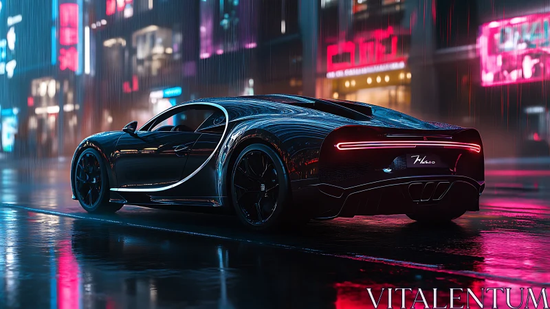Neon rain prowler: midnight hypercar in cyber city glow.