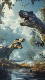 Cinematic 3D tyrannosaur encounter in misty prehistoric wetland