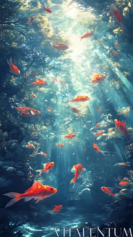 Sunlit koi drift gently through a dreamy underwater forest