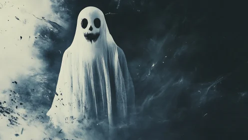 Whispering sheet ghost adrift in stormy midnight fog.