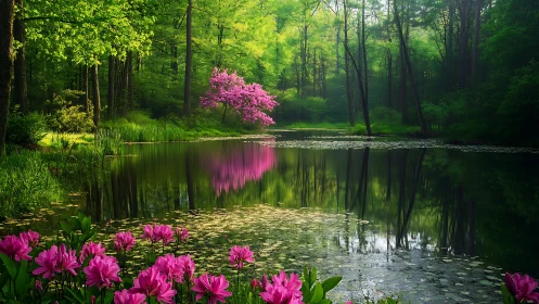 Pink blossoms reflect over tranquil forest lakeside mirror.