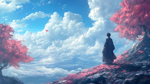 Skyward wanderer beneath cotton clouds and coral blooms.