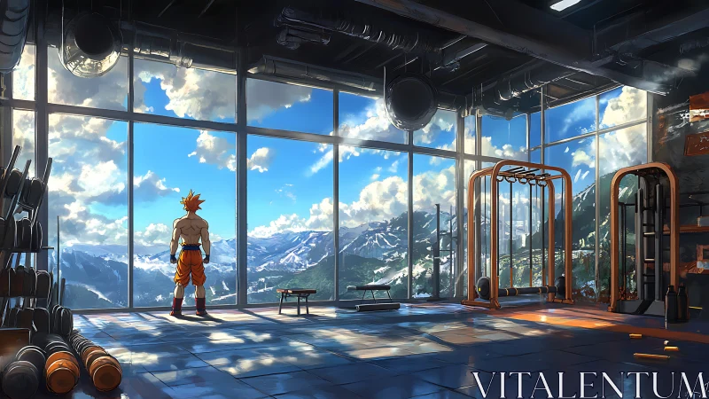 Anime warrior in mountain view gym with training gear.