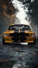Yellow classic muscle car on wet forest road in autumn.