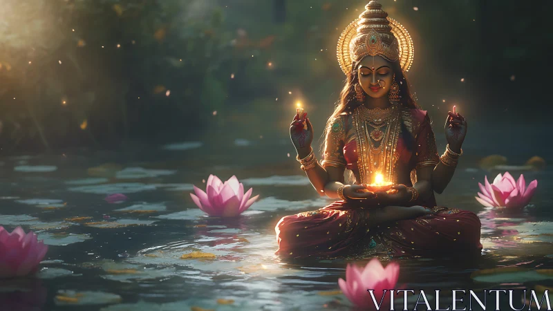 Gilded lotus goddess meditating on water with volumetric candlelight