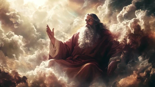 Majestic robed deity seated in radiant celestial clouds.