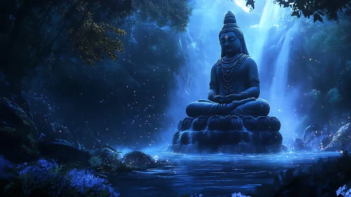Serene blue deity statue in misty bioluminescent waterfall grove.