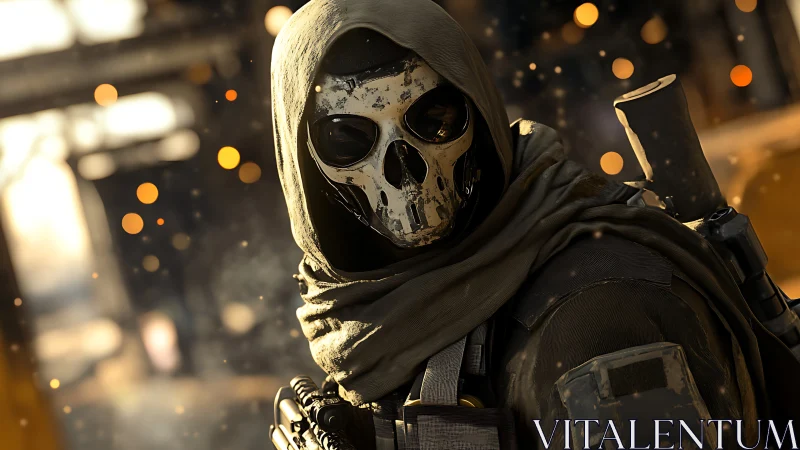 Hooded skull mask soldier in tactical gear at dusk.