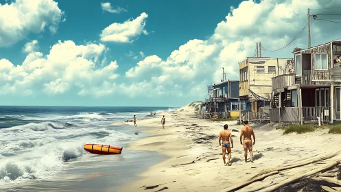 Sunburnt boardwalk dwellers drifting along a salty shore.