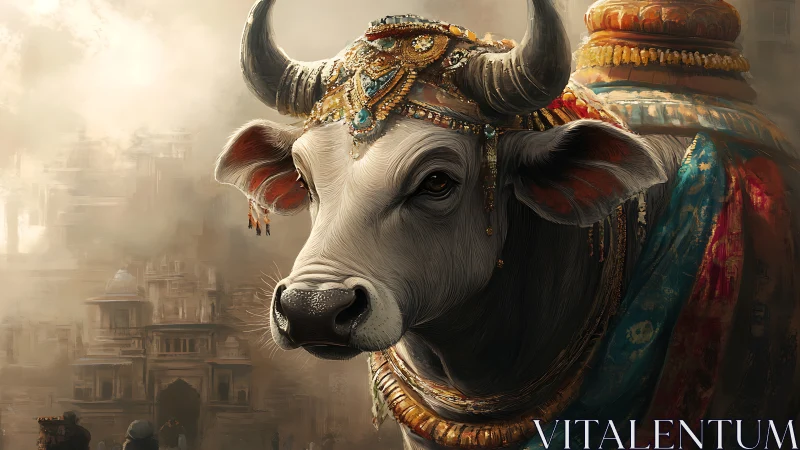 Regal white cow adorned with jeweled finery in mystic city haze