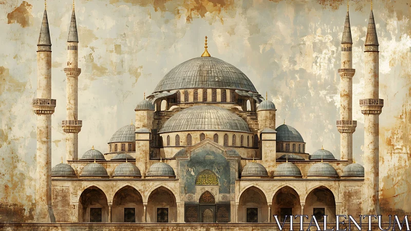 Domed mosque elevation with four minarets, frontal view.