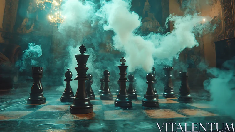 Smoke curls like strategy above a midnight chess council
