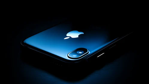 Blue iPhone glowing in darkness with illuminated Apple logo