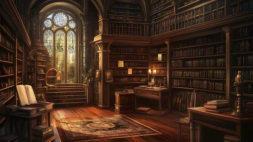 Golden light pours into a quiet, book-lined fantasy library