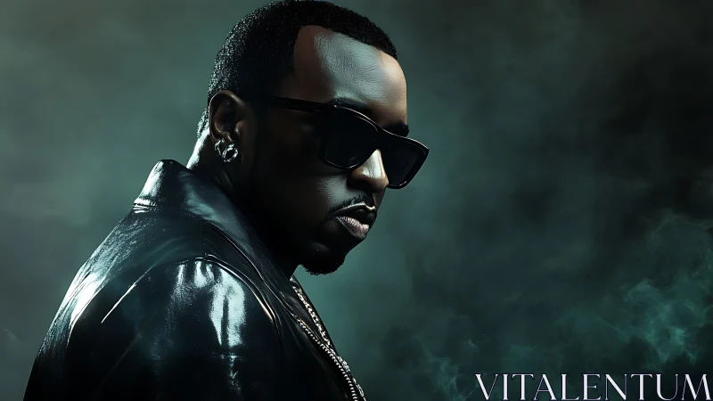 Stylish man in leather jacket in dark smoky studio.