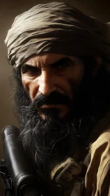 Battle-hardened bearded fighter stares with intense resolve.