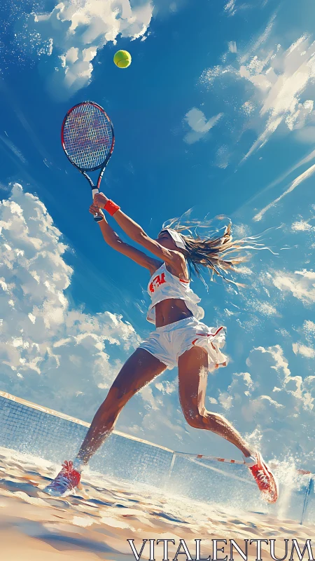 Skybound beach tennis serve splashing sunlight and motion.