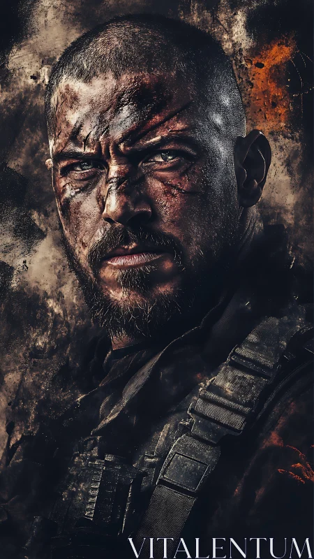 Battle-scarred tactical soldier portrait under gritty, high-contrast lighting