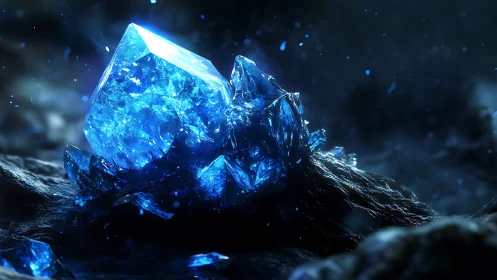 Luminescent blue crystal cluster in high-contrast cavern light.