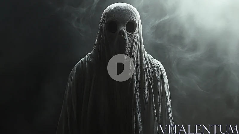 Shrouded specter emerging from smoke in moody chiaroscuro.