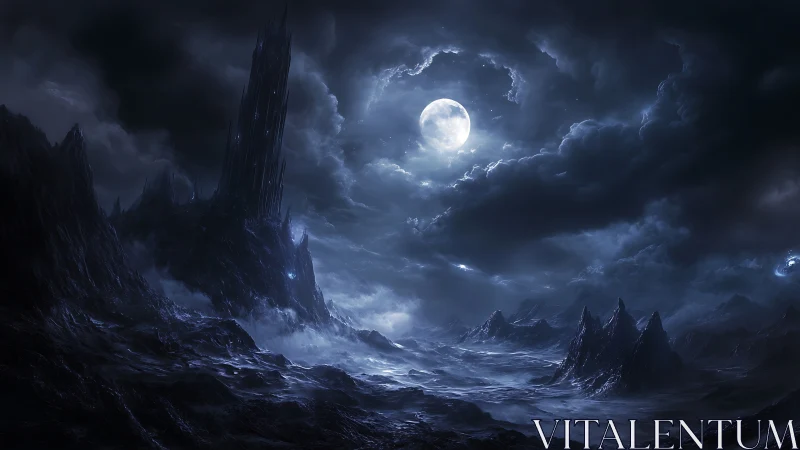 Moonlit fortress above a storm-swept alien wasteland.