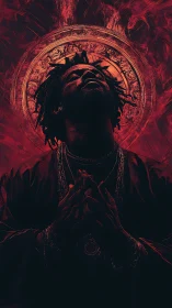 Crimson haloed portrait with ascendant silhouetted figure.