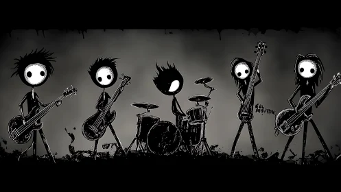 Stick-figure rock band stands with instruments on dark stage