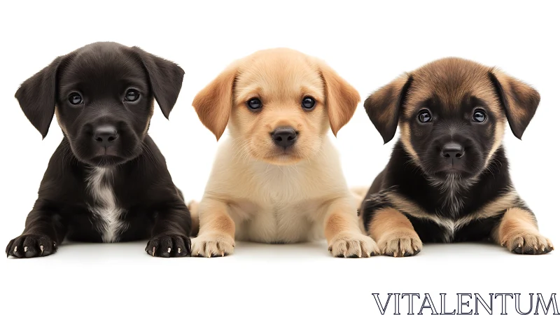 Three small puppies lying side by side on white background.