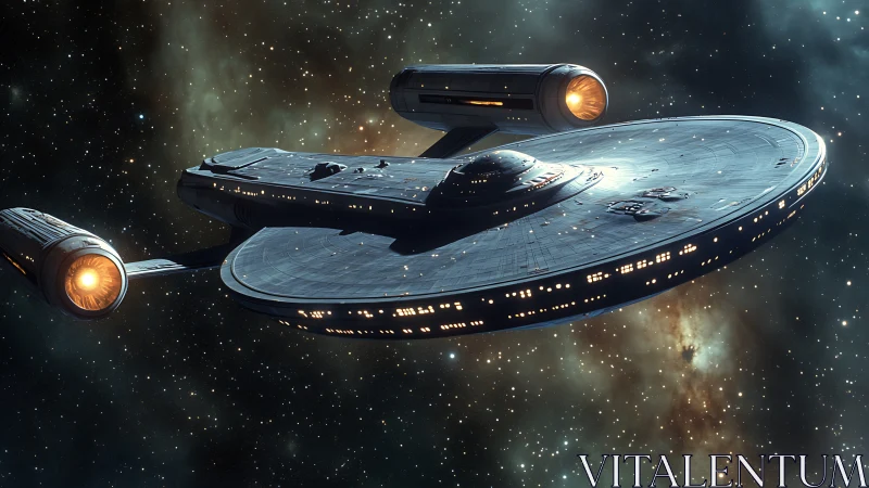 Futuristic starship with saucer hull in deep space field.