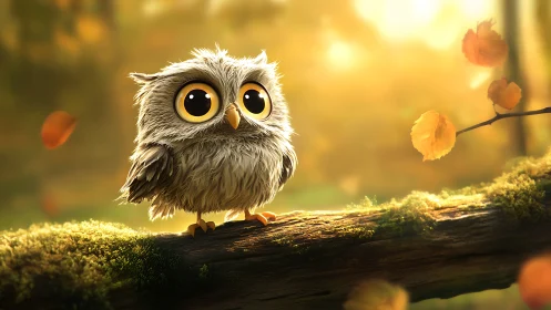 Adorable Big-Eyed Baby Owl on Mossy Log, Whimsical Digital Art.