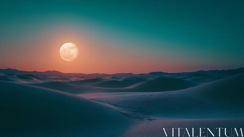 Full moon over layered desert dunes at twilight horizon.