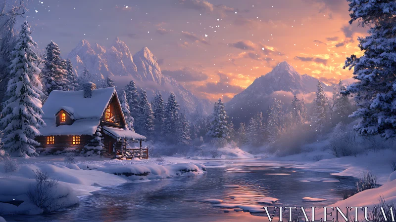Snowy log cabin by river at sunset in winter mountains.