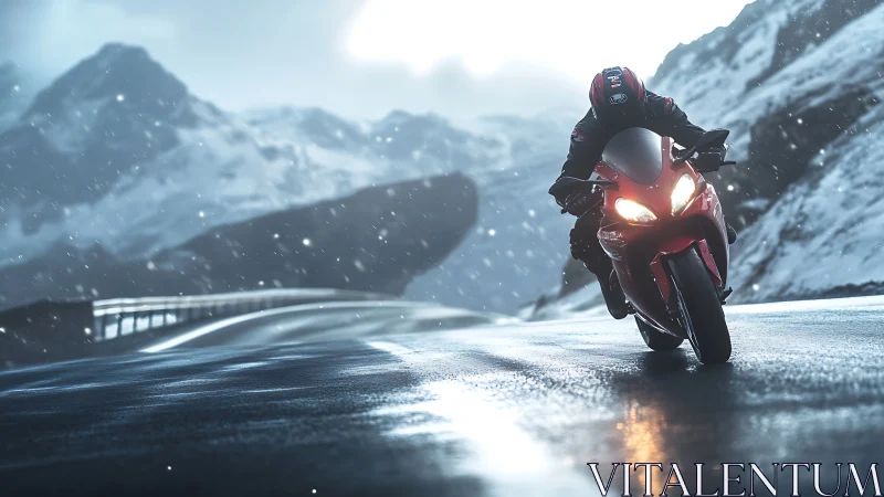 Snow-kissed mountain highway ride with glowing red motorbike.