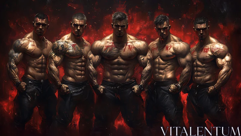 Five muscular warriors stand united in fiery red darkness.