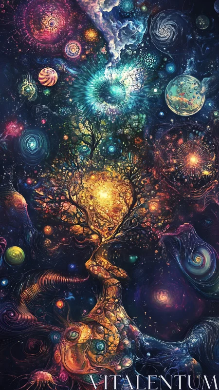 Cosmic world tree igniting swirling galaxies and nebulae.