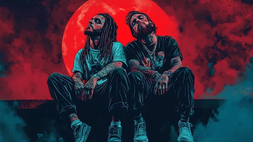Dual tattooed figures under red lunar backlight in teal haze