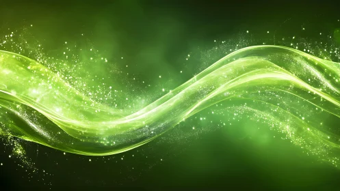 Glowing Green Light Wave Abstract Digital Art with Sparkling Effects.