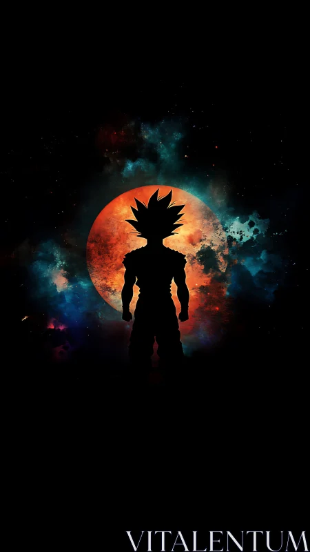 Stellar warrior silhouette before a blazing cosmic moon.