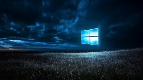Glowing window logo floats over a moody midnight field sky