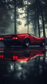 Red sports car on wet forest road with reflective puddle.
