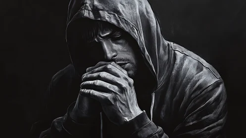 Hooded male figure in monochrome, hands clasped in foreground.