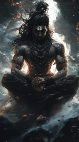 Fiery ascetic meditates calmly within swirling storm clouds