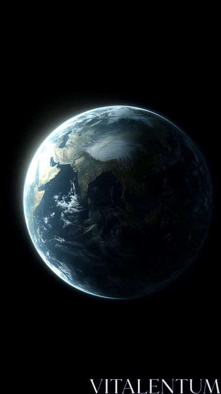 Terminator-lit Earth sphere with detailed cloud and terrain rendering