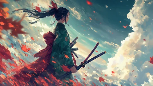 Samurai girl stands in red leaves under bright sky.