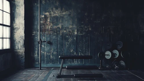 Industrial strength studio with moody window light and weights.