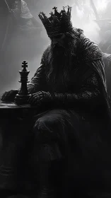Crowned monarch in chiaroscuro armor analyzing solitary chess king.