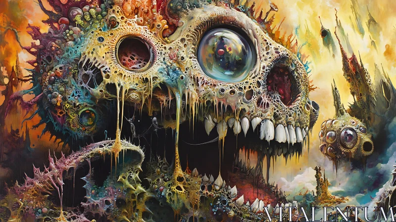 Corroded cosmic skull reef drips through a fever dream sky.