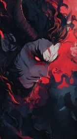 Demonic horned warrior portrait in red and dark shadows.